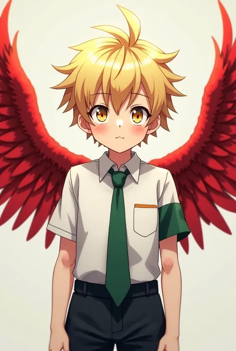 A short teenage boy, light blonde hair, Golden eyes with a black line in their pupil, has red wings, He is wearing the UA School uniform from My Hero Academia anime. 