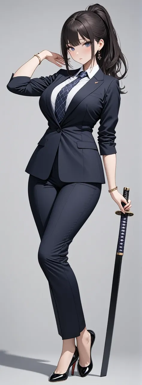 ((masterpiece)), ((high quality)),((ultra-detailed)), ((extremely detailed)),4K,8K, wearing navy pants suit, 2, in Office Suit, Office pants,very tall girl with a perfect big butt, 1girl, little big ass, tight suit,big breasts, Roll up sleeves ,black hair,...