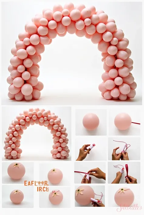 I need a step-by-step tutorial on how to make a balloon arch for parties, that is, in one image, several images of how to make the balloon arch. Can you help me? 
