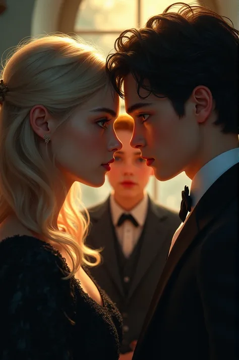 A beautiful blonde girl Wattpad adolescent blonde boy Wattpad adolescentlooking at each other, a handsome dark-haired boy with honey eyes Wattpad adolescent in the middle, detailed facial features, beautiful eyes and lips, highly detailed,ñ, 8k, masterpiec...