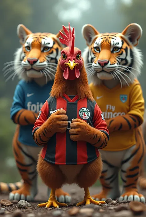 A hen covering its face with a Peñarol shirt and behind it 2 tigers with a Flamengo shirt