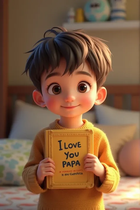 Higher quality image, a boy holding a book called I love you papa 