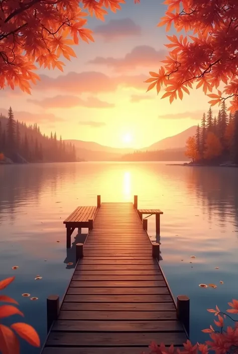 High quality, high resolution, and an exceptionally detailed masterpiece (Live shooting: 1.5), a serene lakeside view during sunset. A wooden dock extends into the calm water, leading the eye toward the horizon. The surface of the lake reflects the warm hu...