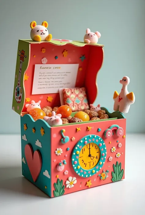 Create a surprise box made of foam that contains a dedication, a space for candy, a base, decorations according to the theme, friendship, music, anecdotes and memories, and that is colorful with figures.