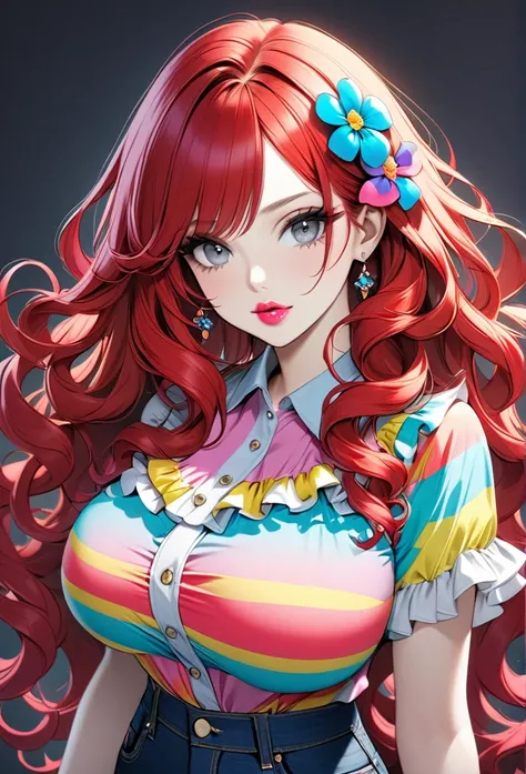 Woman, with very long curly red hair, with gray eyes, she is wearing a colorful ruffle shirt and jeans, wears hair decoration, has big boobs, she has pretty pink lips, with pale skin, jewelry 