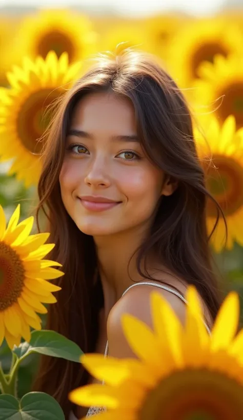 A honey-skinned girl with dark brown straight hair and gray eyes, her face was full of a smile and she had a happy smile on her face. She had warm and gentle eyes. Her background was full of sunflowers.