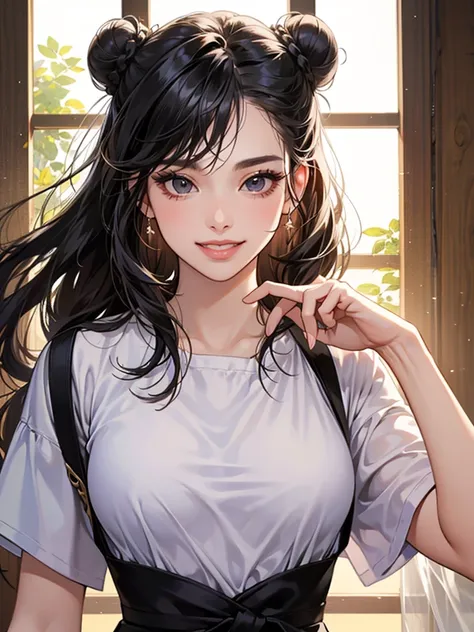 ((Best quality)), ((Masterpiece)), (details), Young woman, (Medium chest, Black hair, Black eyes, ((Long hair, buns)) ,(Bangs),Beautiful face,Long eyelashes,Thick eyelashes)  , milf,Diffuse light, sexy, Elegant, ดวงตาที่มีdetailsสวยงาม, Smile brightly, Bea...