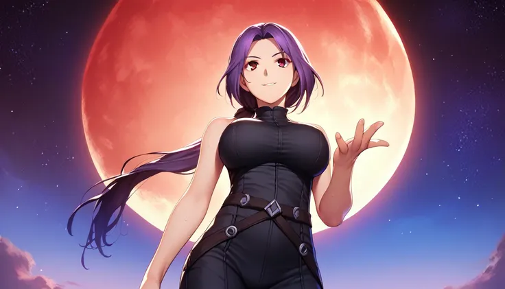 Score_9, Score_8_up, Score_7_up, One girl,smile, Hirokazu Koyama ,Cowboy Shot,Sweaty,sexy,Pixel Perfect,Large Breasts,Anatomically correct, masterpiece, Very detailed,Outdoor,8k, (background,big red moon,Starry Sky,Detailed),(Fits your body,Black rider sui...