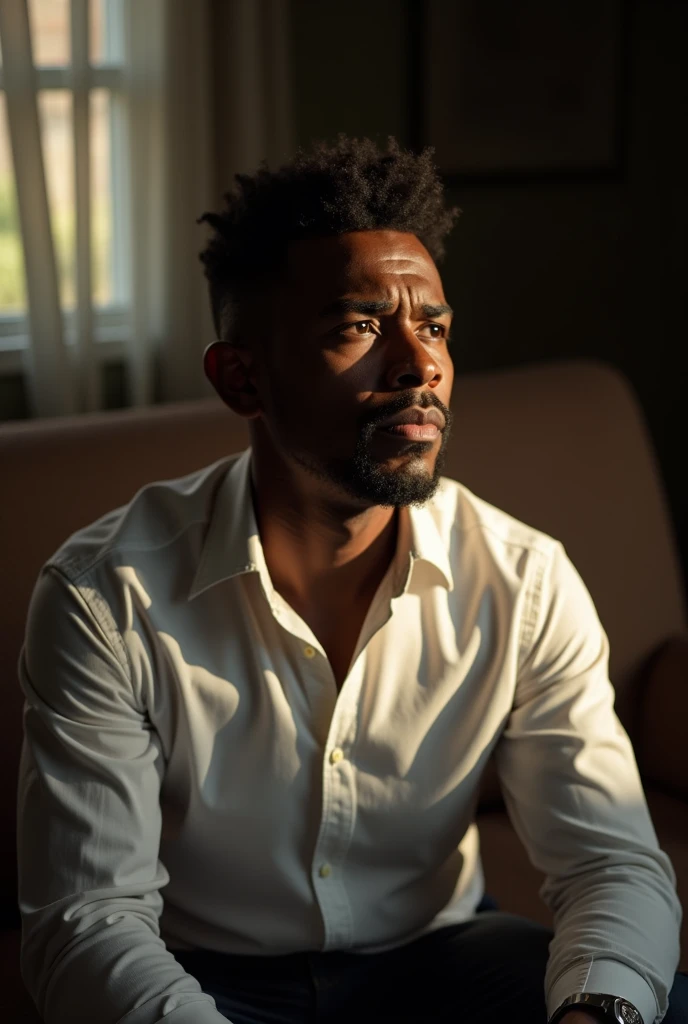 With the sun rays coming in through the curtains Generate an image of a dark black man in white shirt sitting on a couch with a confused face 