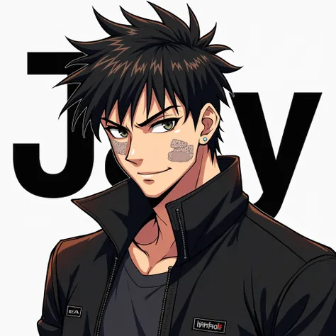 handsome anime, badboy, wearing badboy outfit, band aid in his face, fierced, smirking, With a Text " JAY " in a background