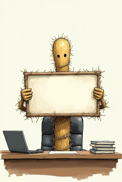 Draw a funny satirical cartoon of a straw man sitting in an executive chair behind a desk with a blank signboard on it.