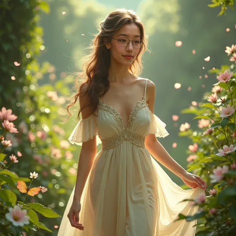 girl walking in a garden, full body photo shot, beautiful detailed eyes, beautiful detailed lips, extremely detailed eyes and face, long eyelashes, elegant hairstyle, flowing dress, serene expression, natural lighting, delicate flower petals, lush green fo...