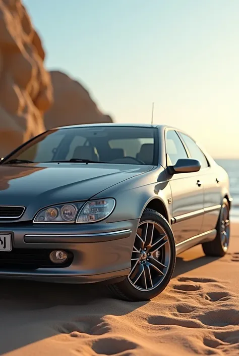 A  peugeot  406 car with metallic gray color is extremely beautiful and shiny next to the beach with colorful sand
