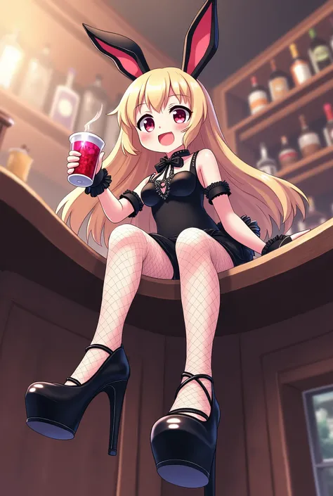 Advertisement of the high heel,focus on high heel,1girl(cute, kawaii,solo,age of 18,skin color white,blg smile,open mouth,hair floating,hair color light blonde,long hair,eye color is cosmic,big eyes,breast,black bunny suit,black leotard,black bunny ears,bu...