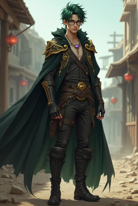 I would like a man with a slim but defined physique, young, with messy dark green hair, light green eyes, no beard, and glasses. He wears a black cloak with gold adornments, a vest and protective gear underneath, leather pants, black boots, and a necklace ...