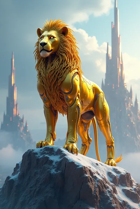 Cyber realistic golden futuristic lion in 4k on top of a mountain 