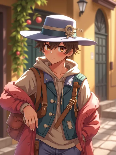 (masterpiece),(best quality:1.0), (ultra highres:1.0), detailed illustration, 8k, anime, masterpiece, wearing a wide blue hat over head, detailed hat, best quality,(wanderer:1.2), letterboxed, (genshin impact), 1boy, male focus, solo, vest,(kbxll:0.5), ani...