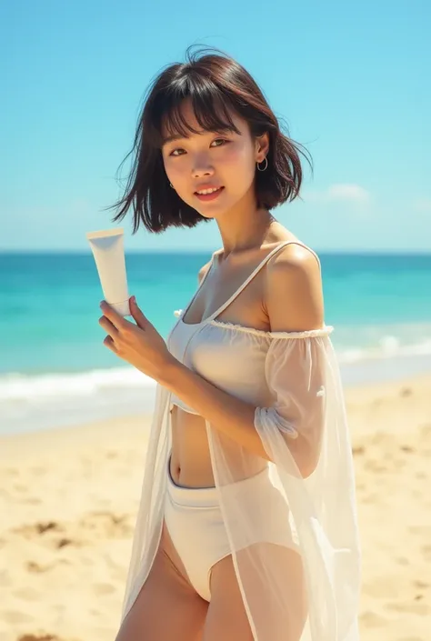  Full body of a Thai-Japanese half-breed girl with fair skin, 1, standing confidently on a bright and sunny beach. She wears a light blue floral bikini, paired with a sheer white cover-up that sways in the wind. The model holds a tube of plain white sunscr...