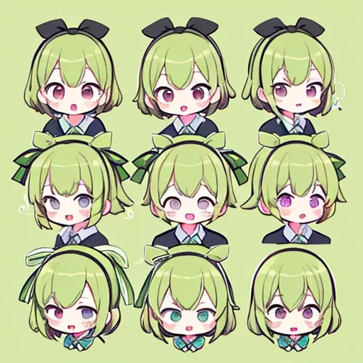 chibi emoji, open mouth, shocked, aayotsuba, short hair, hair ribbon, green ribbon, hairband, green bow, collared shirt, sweater vest, yellow sweater, short sleeves, green skirt, pleated skirtsimple background 