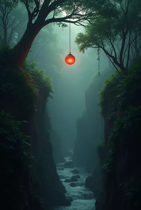 IN THE DISTANCE, A SMALL, REDDISH SPHERICAL FLYING TORCH WITH GLOWING EDGES, WITH DIM LIGHTING NEXT TO A LEAFY TREE OVER A 30-METRE RAVINE FROM THE RIVER IN THE AMAZON JUNGLE