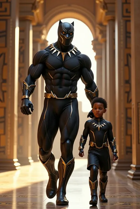 Bodybuilder black panther and his son walking in the palace realistic image .