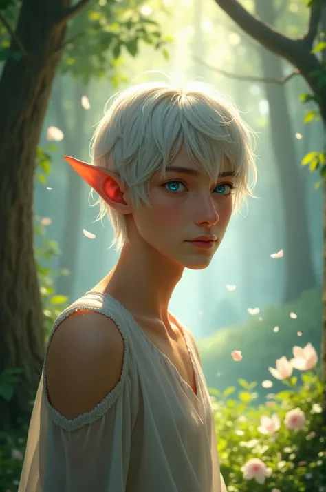 Young adult elf, male, short silver hair and BLUE SKY eyes