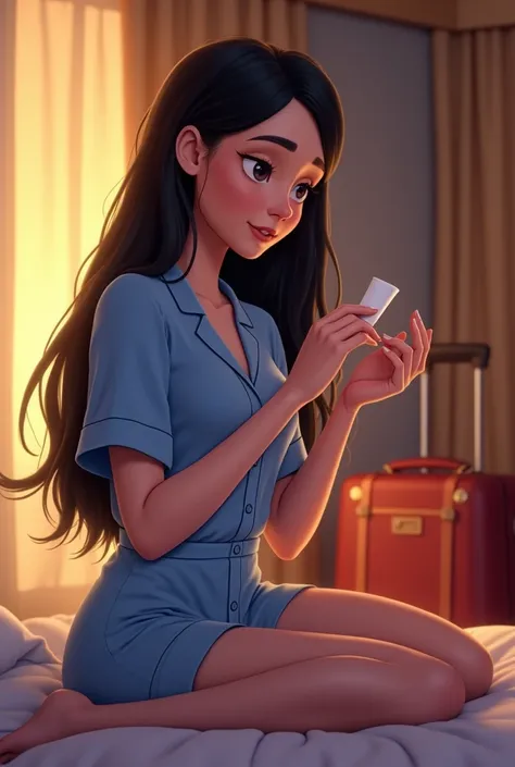 Girl in her late 20’s, very long straight black hair, wearing blue silk short and light blue silk buttoned top short sleeve pajamas at cruise ship room doing skin care. Luggage in the background. Pixar cartoon 