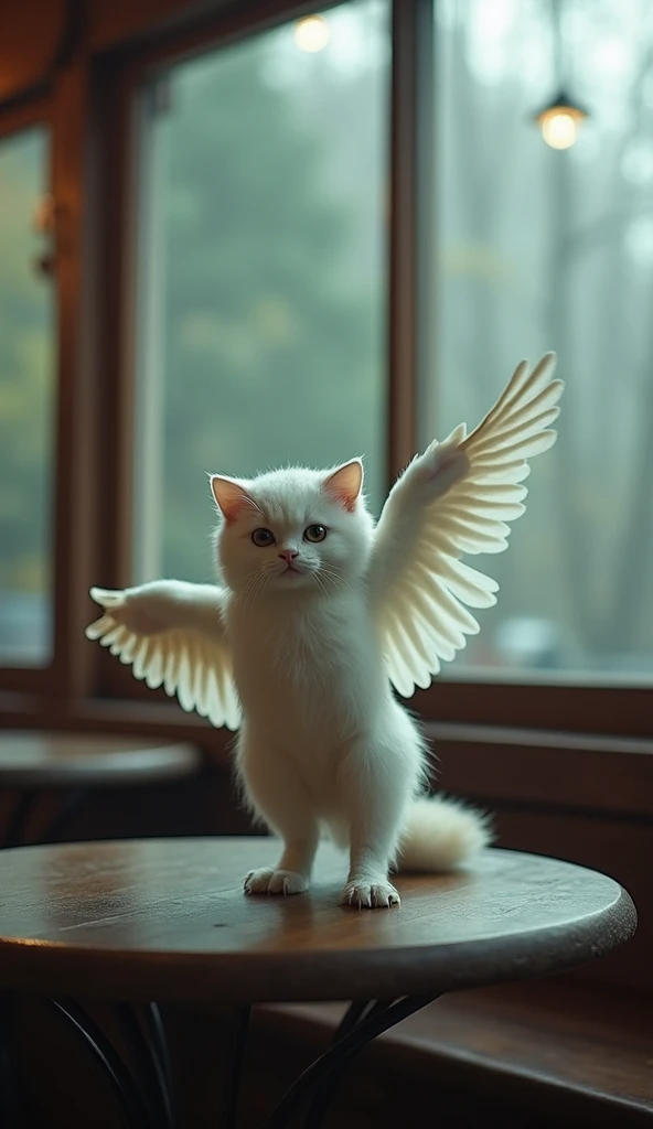 A hybrid of a cat and a white owl, A little owl with a cat&#39;s head and cat&#39;s hind legs spreads its wings, On a table in a cafe bar in the woods, In the fog, Very clear and detailed, Perfect texture for your location, Blurred Background, Surreal, Act...