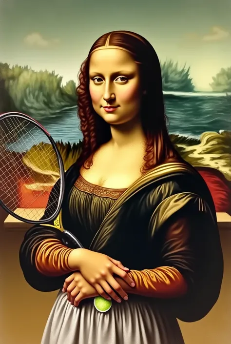 Reinterpret the Mona Lisa as a Beach Tennis player 