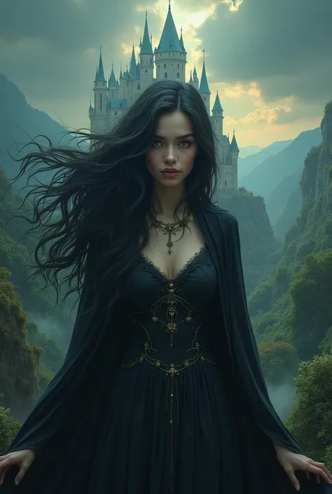 beautiful long hair woman, witch in castle landscape 