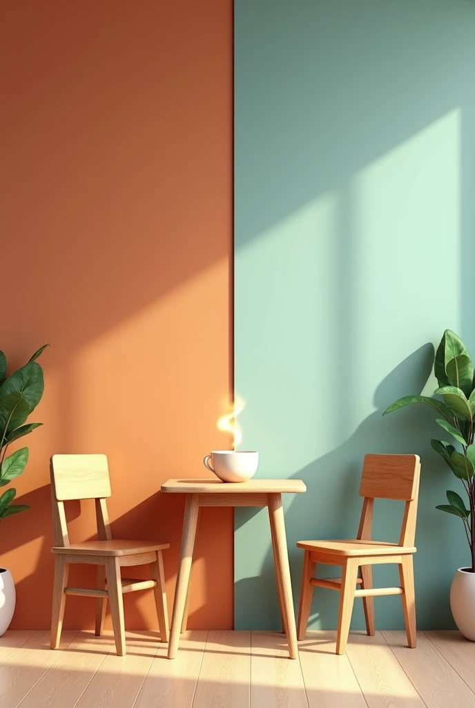 Table, two chairs, a hot cup of coffee and a background of a wall divided in the middle with two colors
