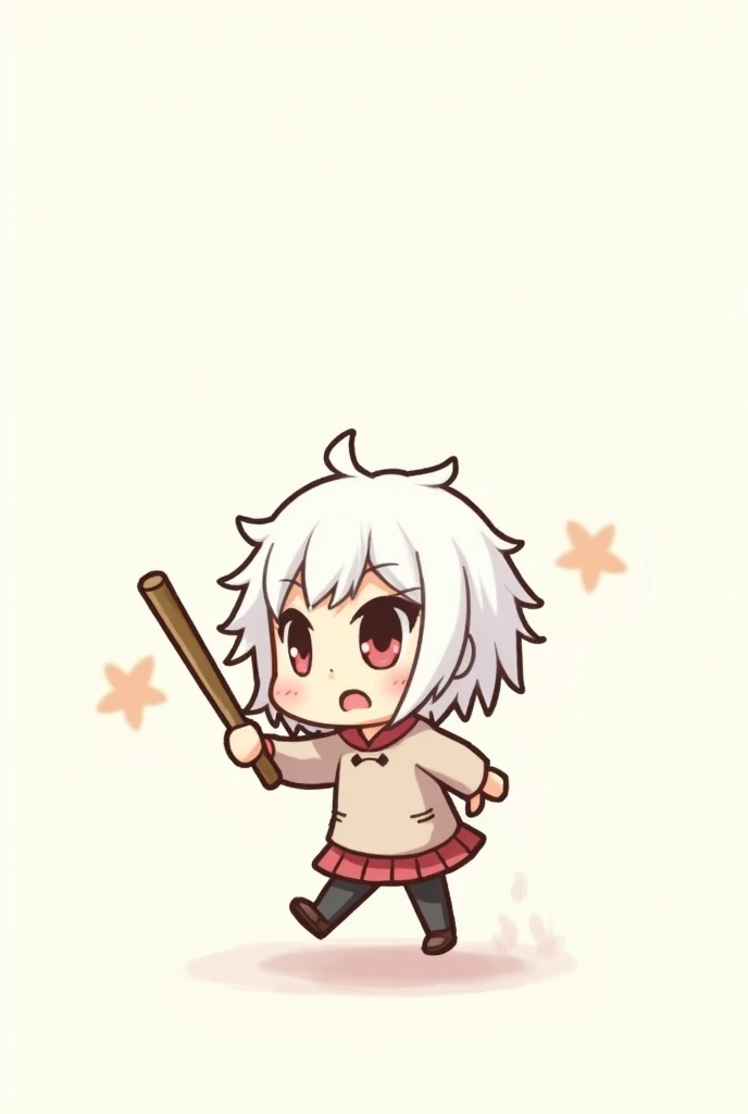 Anime white haired chibi girl holding a stick