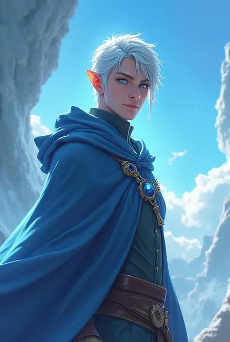 Adult elf, male, short silver hair and BLUE SKY eyes, RPG, wizard