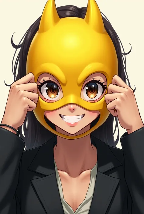 Draw a picture of a person wearing a yellow face mask, and a sweet smile with STEL anime, wearing a black jacket, and about to take off the mask. Round mask, not a mask, but the mask looked fierce 