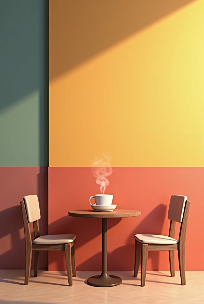 Table, two chairs, a cup of hot coffee and a background of a wall divided in half across the width with two colors
