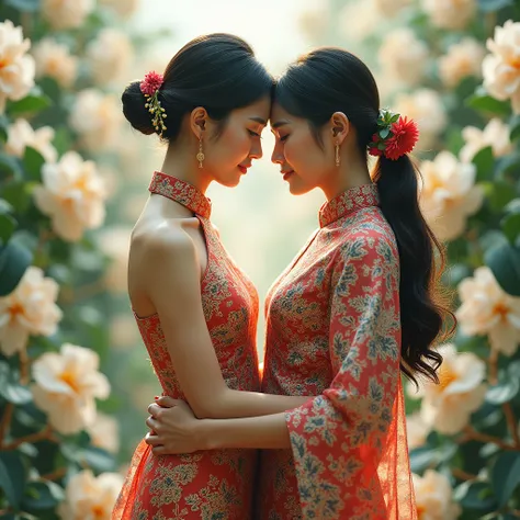 Beautiful Thai dress in the shadow of a revealing couple The intricate patterns of Thai dresses are combined with flowers. blooming jasmine At the back is a peaceful Thai garden. Stylish in Double Exposure style