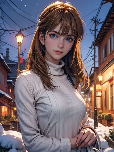 Ultra-precise depiction, Super high-definition description,High resolution,(Very beautiful face),(A face with attention to detail),virgin destroyer sweater,asuka langley soryu, long hair, bangs, blue eyes, brown hair, hair ornament,garden,squirt,snow,night...