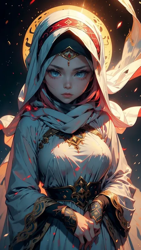 MUSLIM WARRIOR, (Best Quality,ultra detailed), artificial raindrops falling,  1 girl princess.full bodyoutfit(((WEARING HEADSCARF A ISLAMIC VEIL ON HEAD,  ILLUSTRATION)))
young female albino skin, snow white skin, white  hair,lovely face, crimson lovely bi...