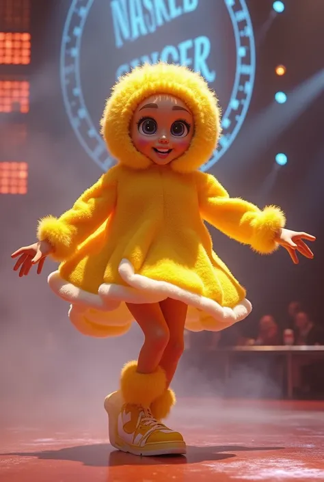 creating an image of a female singer wearing a "Omelet" mascot performing on The Masked Singer stage