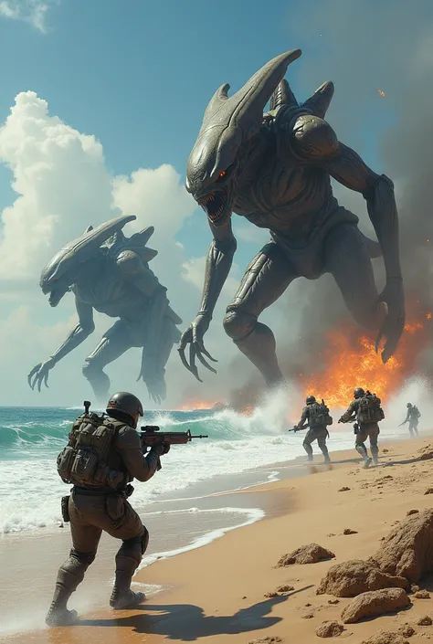  War between humans and aliens next to the beach 
