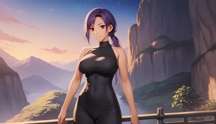 Score_9, Score_8_up, Score_7_up, One girl,smile, Hirokazu Koyama ,Cowboy Shot,Sweaty,sexy,Pixel Perfect,Large Breasts,Anatomically correct, masterpiece, Very detailed,Outdoor,8k, (background,Starry Sky,Detailed),(Fits your body,Black rider suit,Sleeveless)...