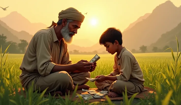 An Indian farmer and his son is sitting in his field counting money.