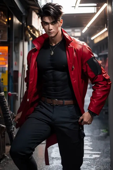 (absurdres, highres, extremely detailed, Ultra High Definition, masterpiece), The Street Samurai: A tall, muscular man stands in the shadows of a crowded, neon-lit marketplace, his large chest and powerful frame partially covered by a fitted, black armored...