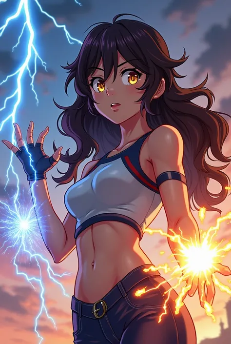 make me an oc of my hero academia genre:female skin:semi tanned eyes:honey colored and with outlined hair: dark brown and long quirk: thunderstorms 