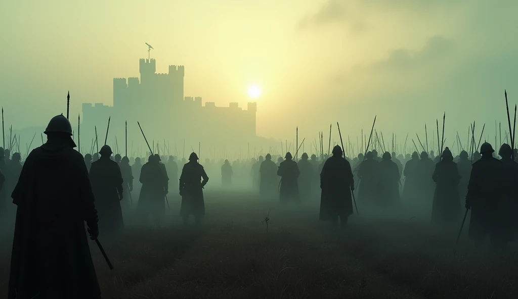 A time of turmoil, where faith and rebellion collide..."
Prompt: A panoramic view of a medieval battlefield at dawn, shrouded in mist, with shadows of soldiers gathering in the foreground. In the distance, a faint outline of a castle looms. The atmosphere ...