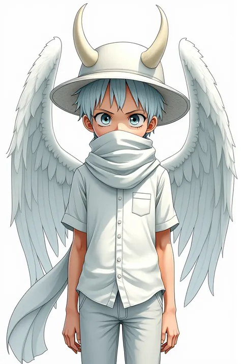 One piece style drawing of a boy with white hair, white wide brimmed hat, white demonic horns, white angel wings, white mangalarga button down shirt, white pants and a long scarf that covers his entire mouth