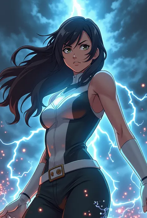 make me an oc of the anime my hero academia genre:female skin:semi tanned eyes:honey colored and with outlined hair: dark brown and long quirk: thunderstorms 