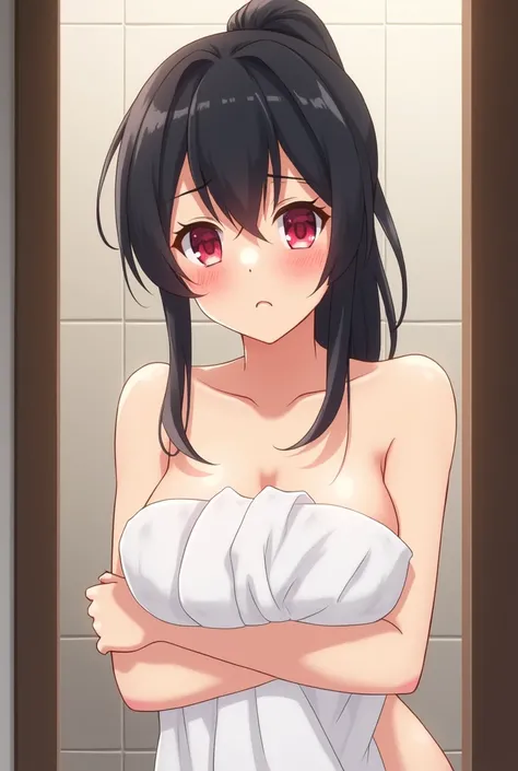 、Black Hair, Blushing, Red eyes, Tsundere, Large Breasts, ponytail, ,anime, Simple Background,  1 bath towel，Embarrassed face，Stick your head out the door，Cover your chest with a bath towel