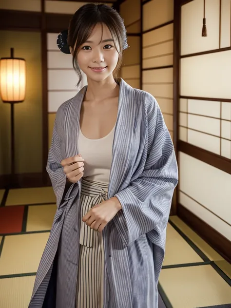 Cowboy Shot, (Mid-autumn Date), 
break, 
((Layering:1.2)), ((Striped yukata without obi:1.2)),  ((A chic plain ryokan haori coat:1.4)), 
break, 
View your viewers, Japanese female university student, (One Woman:1.2), She is very beautiful, Glowing Skin, Pe...