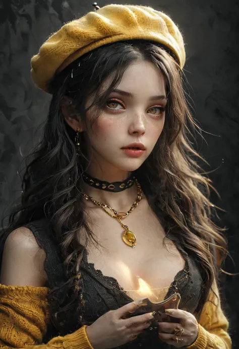 a cg young woman with long, dark hair styled in two braids. She is wearing a bright yellow, ribbed sweater that has a high neckline, which complements her outfit. On her head, she has a matching yellow beret. Her large, expressive eyes are accentuated by t...